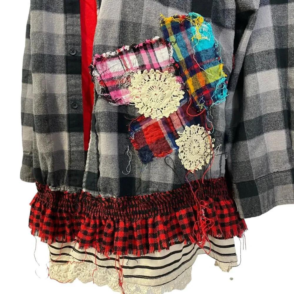 Flannel Shirt Women XL Shacket Flower Grunge Camp Rock Country Festival Upcycled - Picture 8 of 16